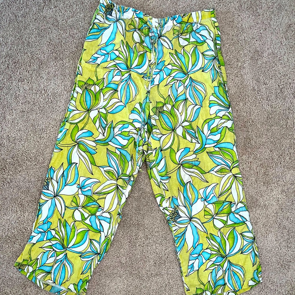 Blue green white 70s floral pants